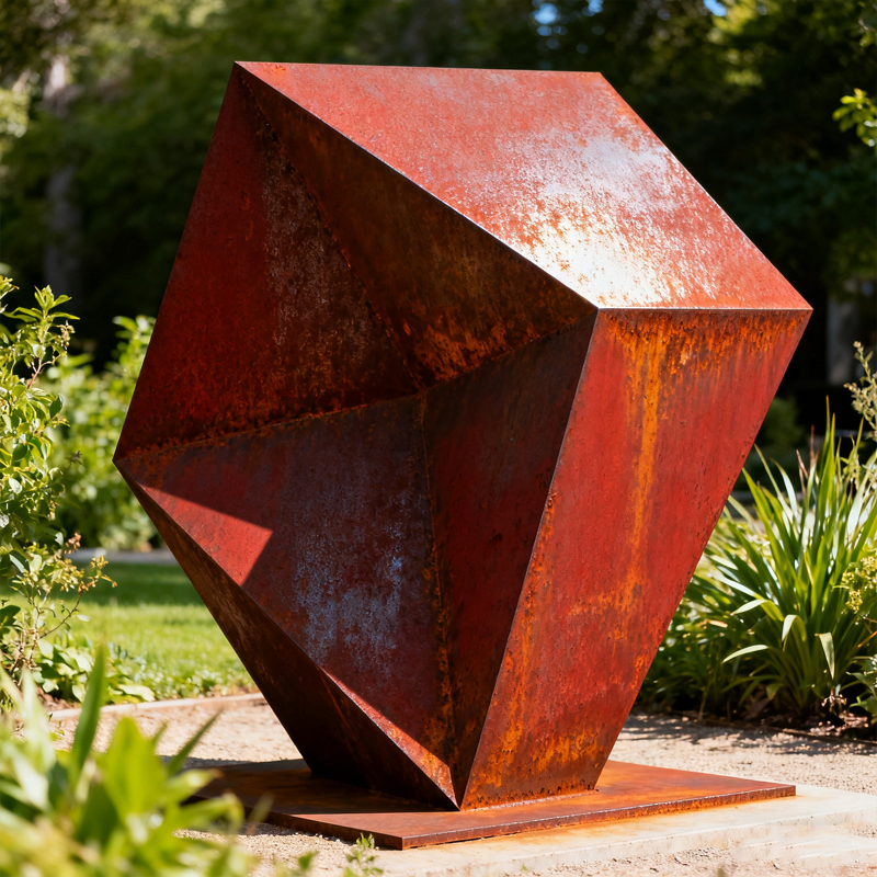 Multi-Faceted Polyhedral Geometric Weathering Steel Dekorasyon Sculpture