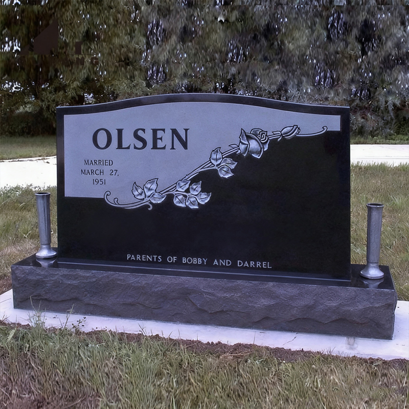 Black-and-White Contrast Rose-Pattern Marble Tombstone