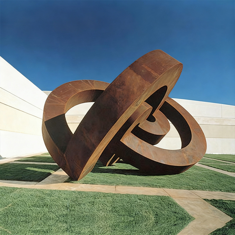 Interwoven Double-Ring Weathering Steel Dekorasyon Sculpture