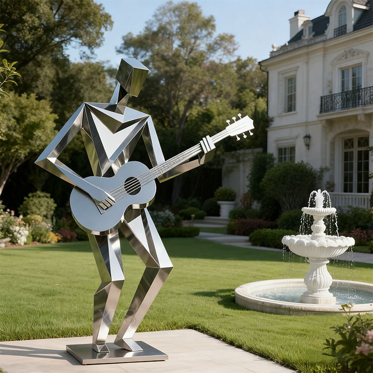 Geometric Faceted Stainless Steel Guitarist Sculpture